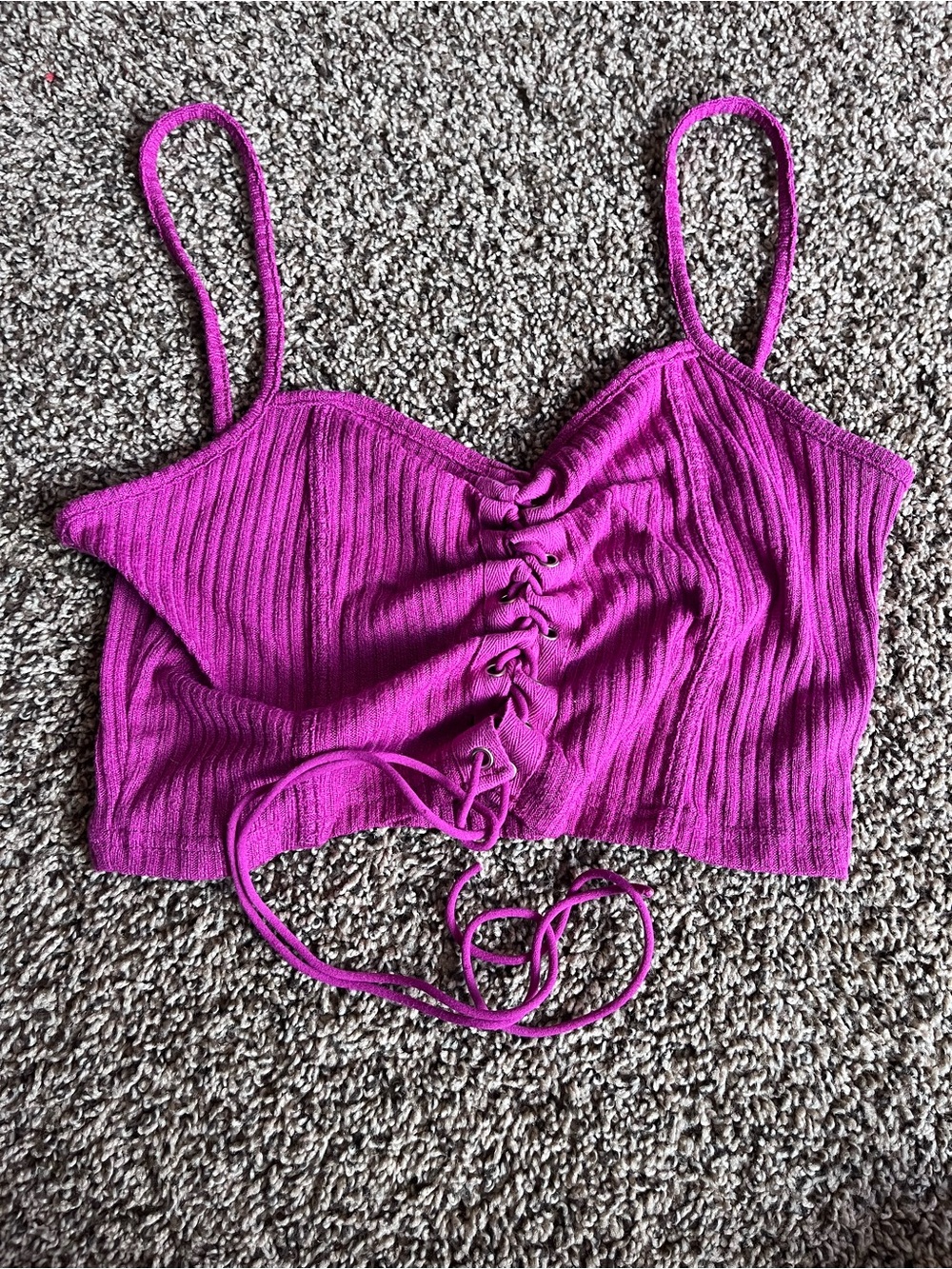 SHEIN Ruched Ribbed Lace-Up Crop Top - Fuchsia
